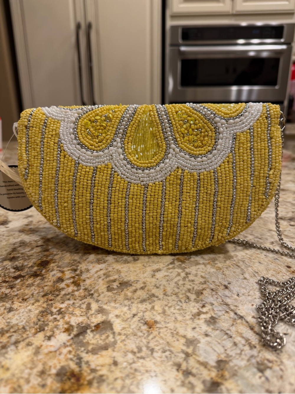 Elegant Beaded Floral/Lemon Slice Evening Clutch w/ Crossbody Chain - Picture 4 of 9